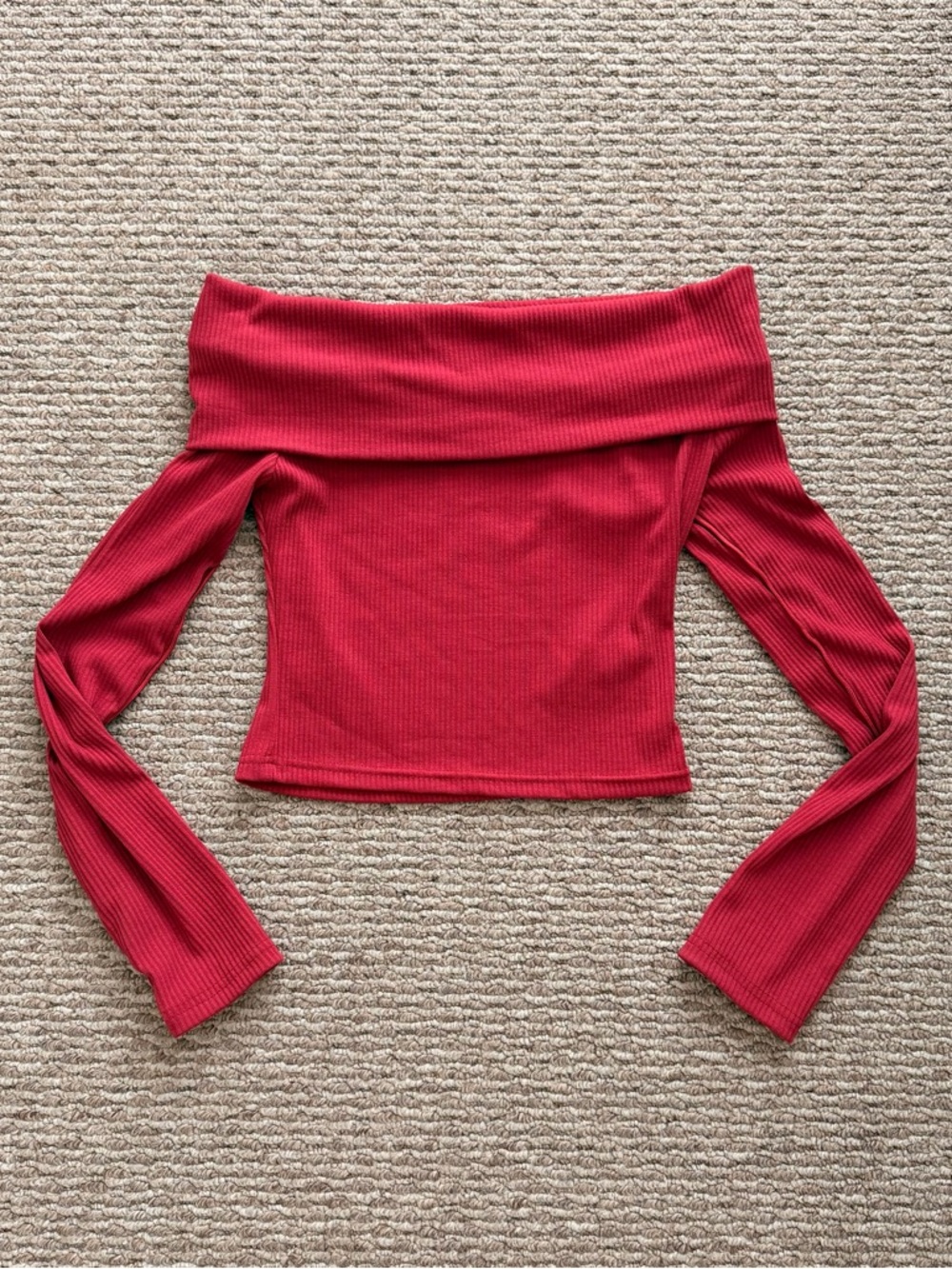 Red Ribbed Off-Shoulder Crop Top